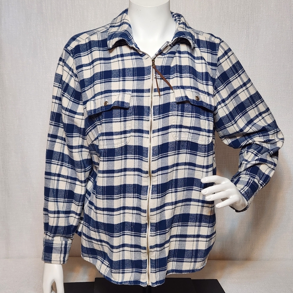 Chaps Plaid Shacket Full Zip Cotton Shirt Size 2X Blue White Plaid